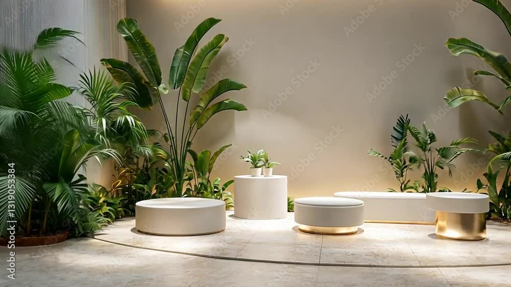 Serene botanical indoor space featuring minimalist furniture arrangement and lush tropical greenery Serene botanical indoor space featuring minimalist furniture arrangement and lush tropical greenery