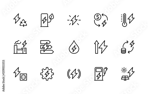 Energy related vector linear icons set. Contains such icons as geothermal energy, charging station, cycle, smart meter and more.