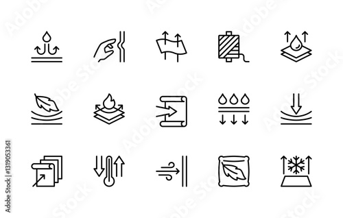 Fabric properties related vector linear icons set. Isolated icon collection such as waterproof, elasticity, threads, strength and more.