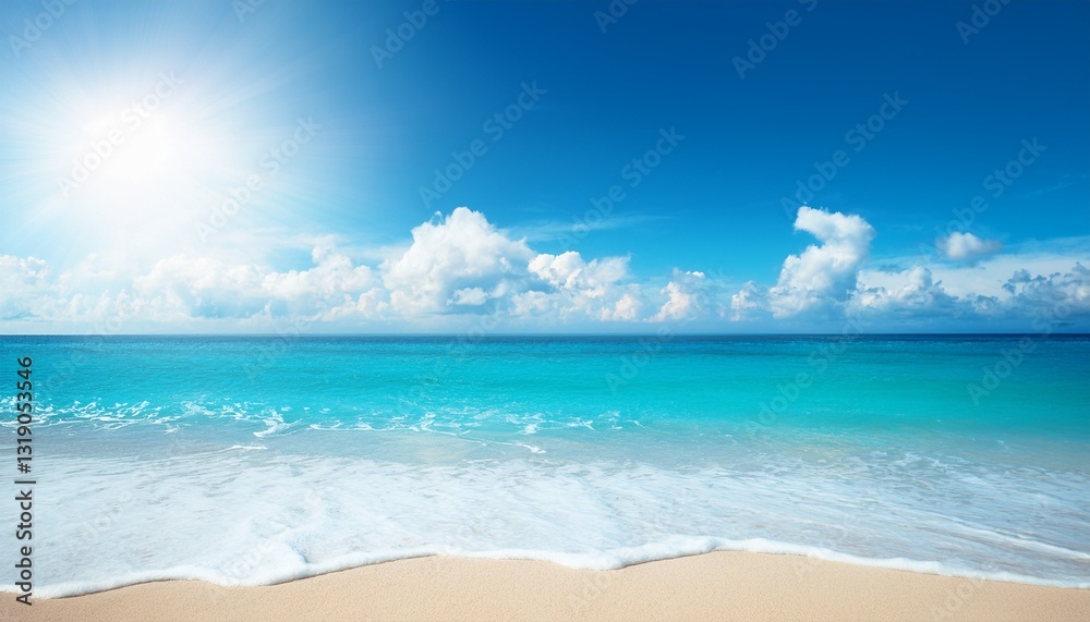 Fototapeta premium A summer vacation, holiday background of a tropical beach and blue sea and white clouds with.