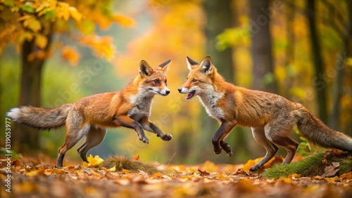 Two Red Foxes Leaping and Playing Amidst a Carpet of Autumn Leaves in a Sun-Dappled Forest