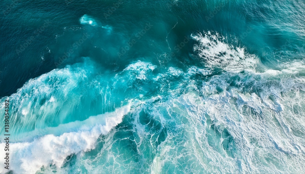 Fototapeta premium aerial view of turquoise ocean water with splashes and foam for abstract natural background