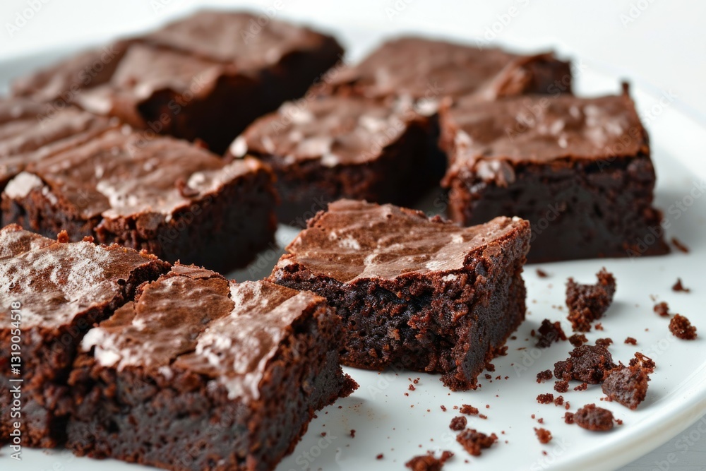 Decadent chocolate brownies on white plate. Artificial intelligence image Decadent chocolate brownies on white plate. Artificial intelligence image