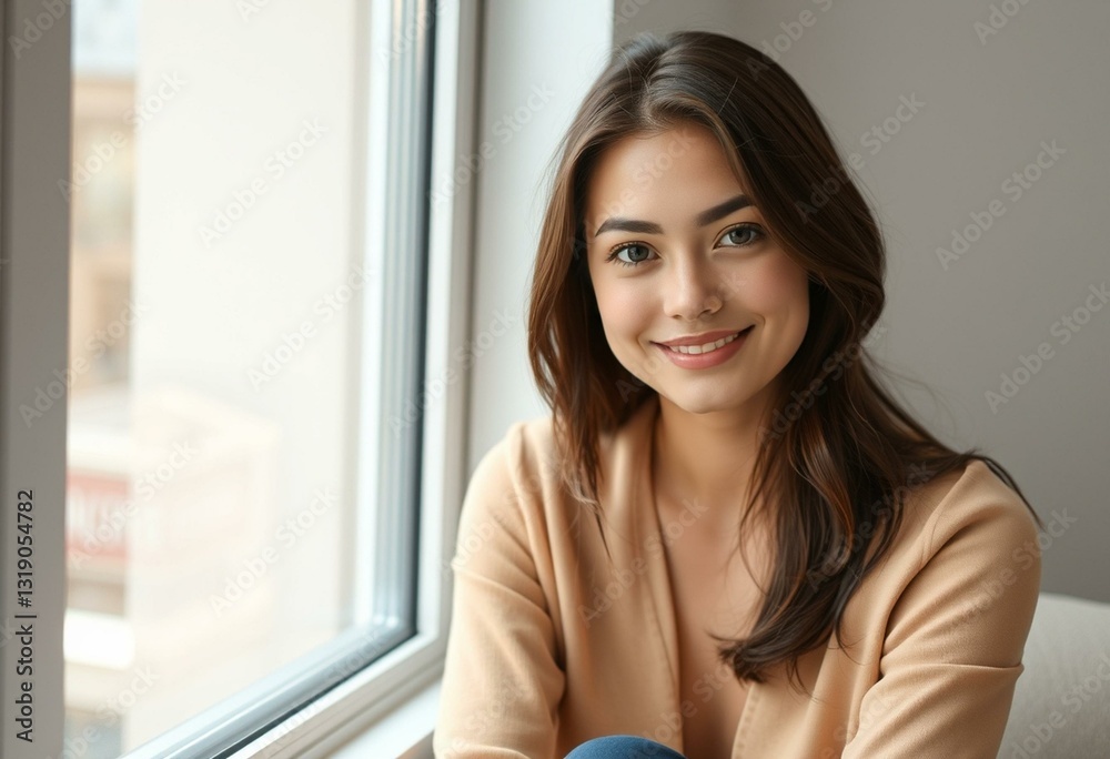 Female portrait in a window with gentle smile Female portrait in a window with gentle smile