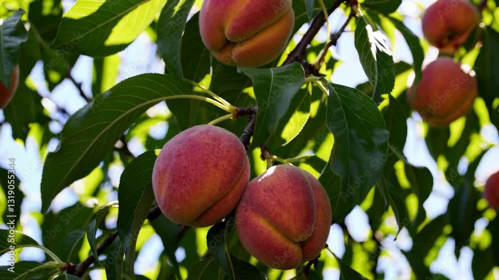 Ripe peaches on tree with green leaves and sunlight, summer harvest concept Ripe peaches on tree with green leaves and sunlight, summer harvest concept