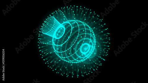 Abstract blue sphere with connecting dots and lines. Wireframe technology sphere with explosion effect. Big data visualization. 3d rendering.