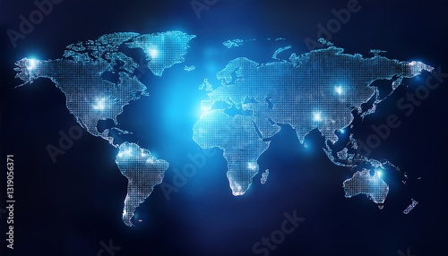  Explore the blue world map adorned with a captivating glow of the global network light