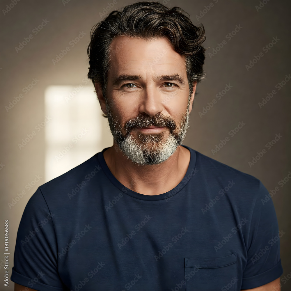 Obraz premium A confident middle-aged man with salt-and-pepper hair and a beard, wearing a navy blue T-shirt, smiling warmly. Perfect for lifestyle, confidence, and personal branding themes.