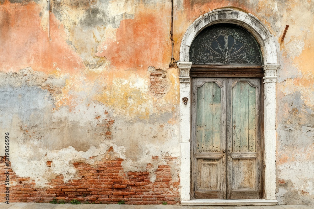 Fototapeta premium Weathered door on rustic colorful wall. Artificial Intelligence image
