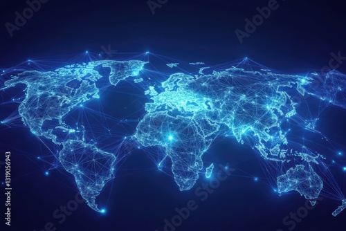 Stylized world map with glowing blue interconnected lines, global trade routes