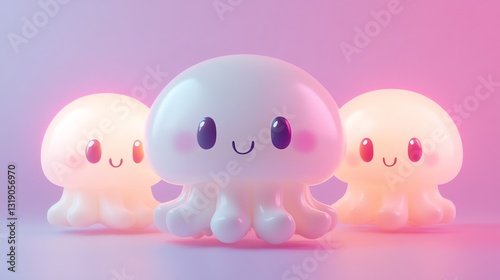 Adorable Jellyfish Trio: Glowing Kawaii Style in Pink