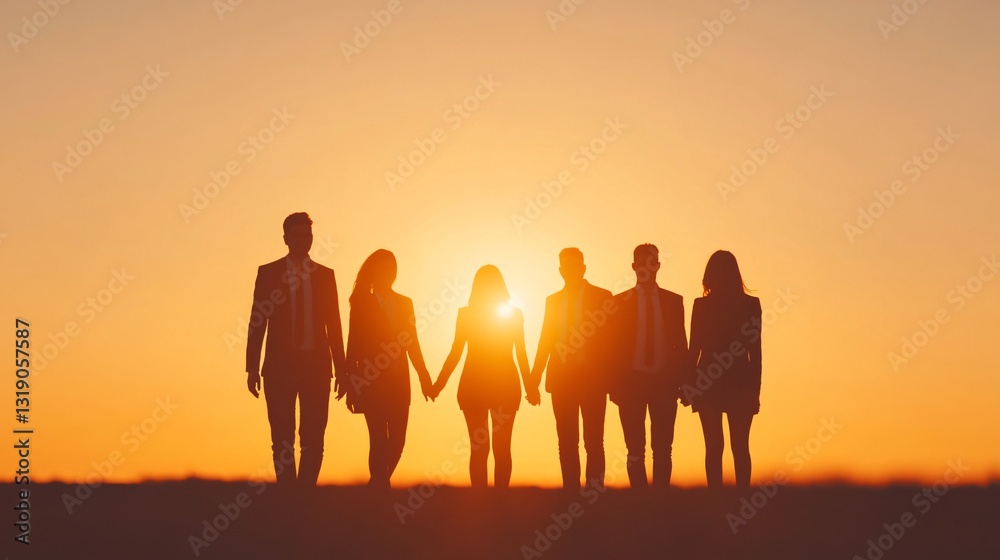 Fototapeta premium Group of friends silhouetted against sunset, casual gathering on beach, themes of togetherness and joy, perfect for social media.
