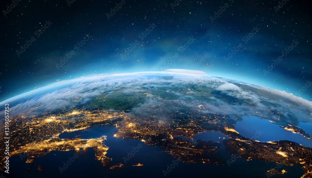 Fototapeta premium Panoramic view on planet Earth globe from space. Glowing city lights, light clouds