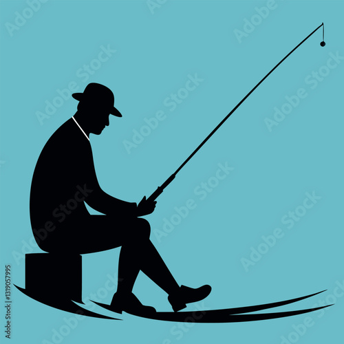 Silhouette of a man fishing on a lake and river at sunset with a fishing rod, enjoying a leisure hobby