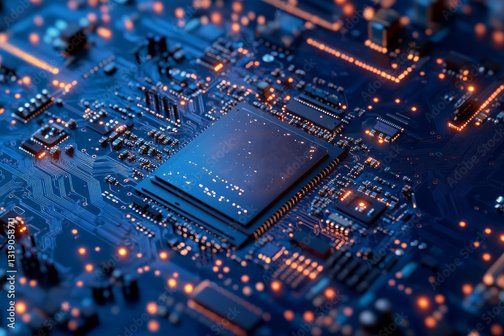 Microchip on blue circuit board with neon lights. Artificial Intelligence image Microchip on blue circuit board with neon lights. Artificial Intelligence image