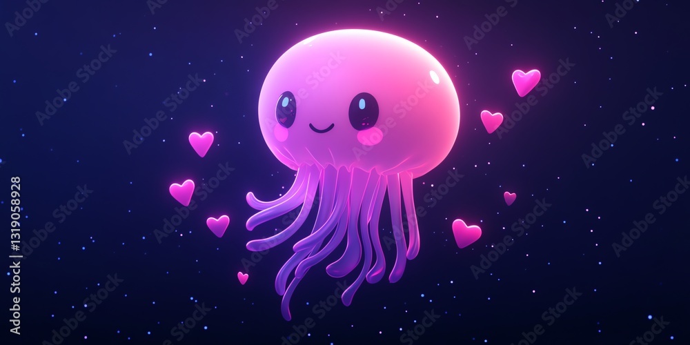Fototapeta premium Adorable Pink Jellyfish: Neon Glow, Cosmic Hearts, Cute Style