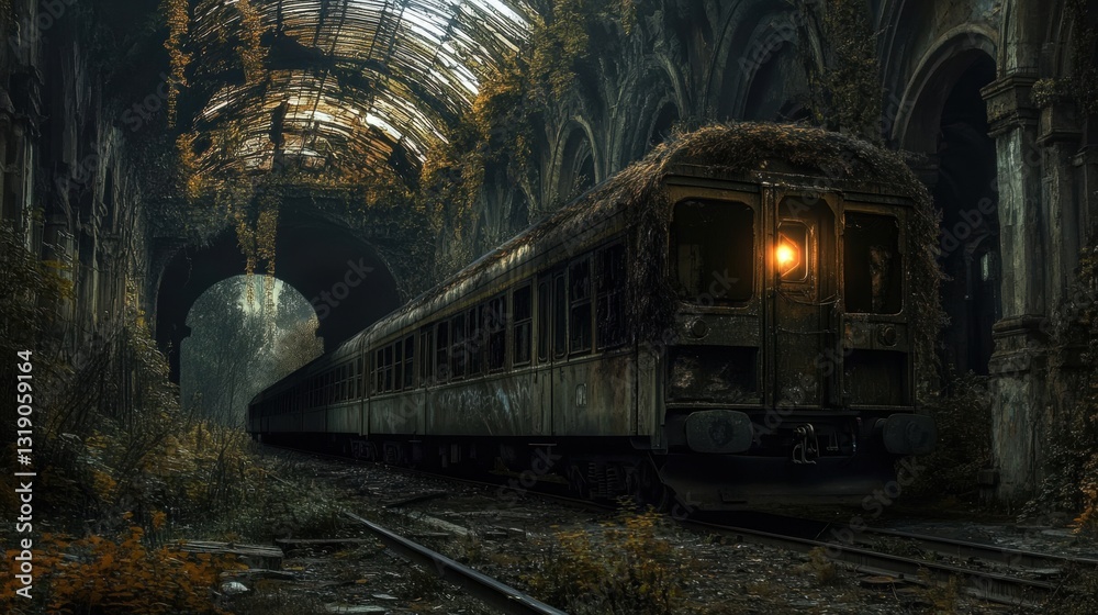 Naklejka premium A train in a ruined tunnel with a light on.