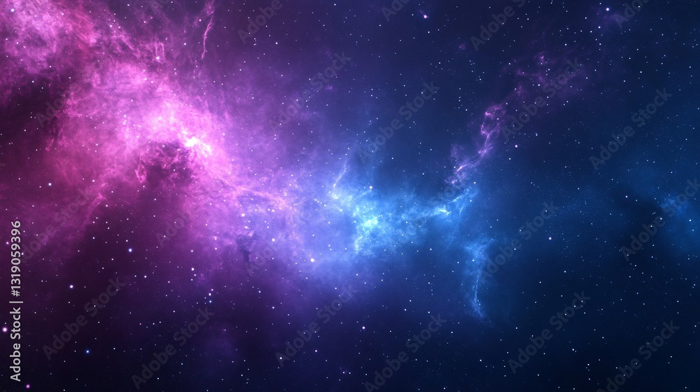 Naklejka premium Vibrant cosmic nebula, swirling gas clouds in purple and blue hues, perfect for science fiction themes or space exploration.