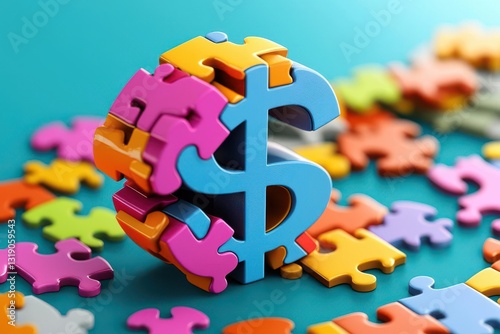 Colorful puzzle pieces form a dollar sign, symbolizing finance, money, and investment in a creative and playful way.