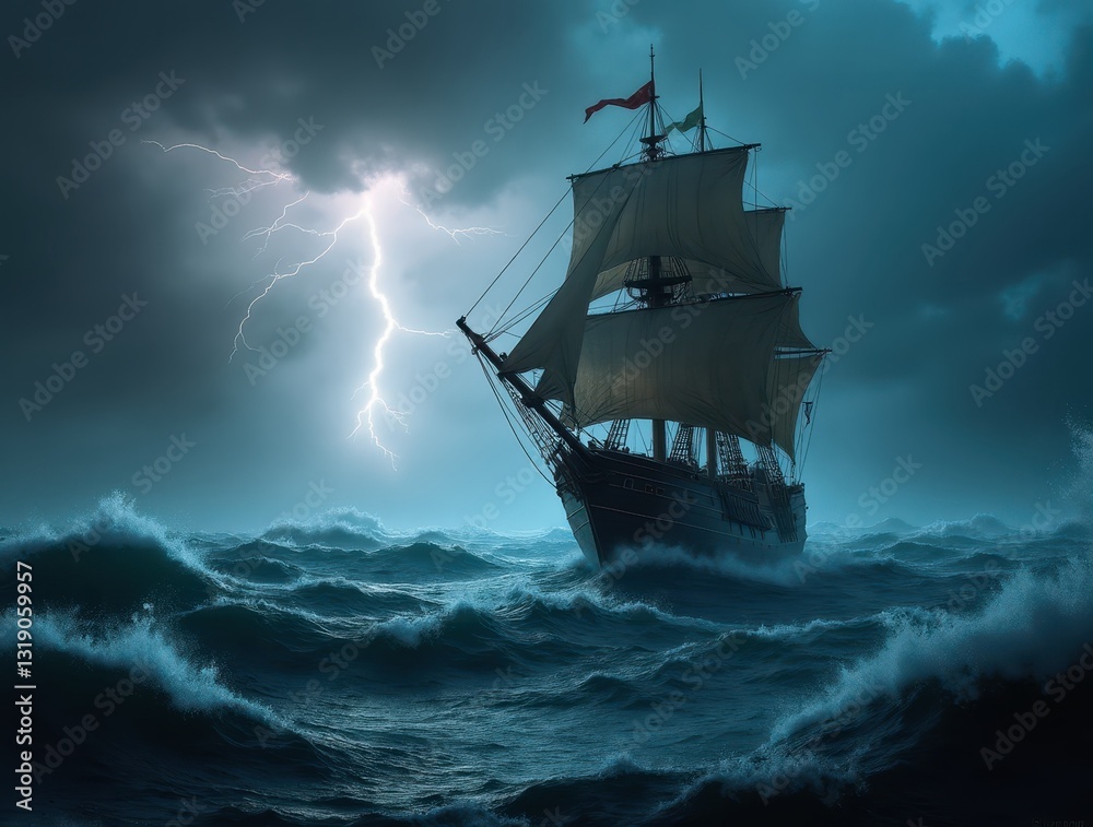 Obraz premium Pirate Ship Battling Stormy Seas with Lightning