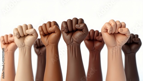a group of diverse fists raised in solidarity, representing strength and unity. They symbolize the power of coming together for a common cause