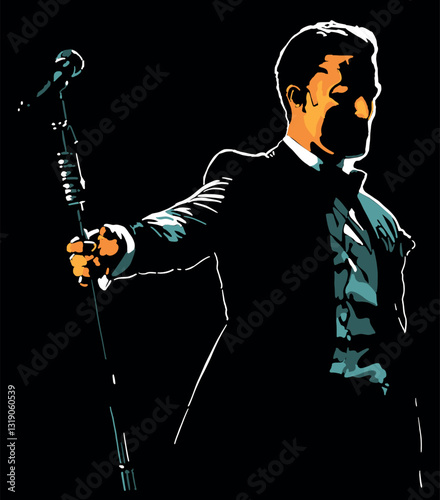Isolated, high contrast, pop singer with microphone at stage.