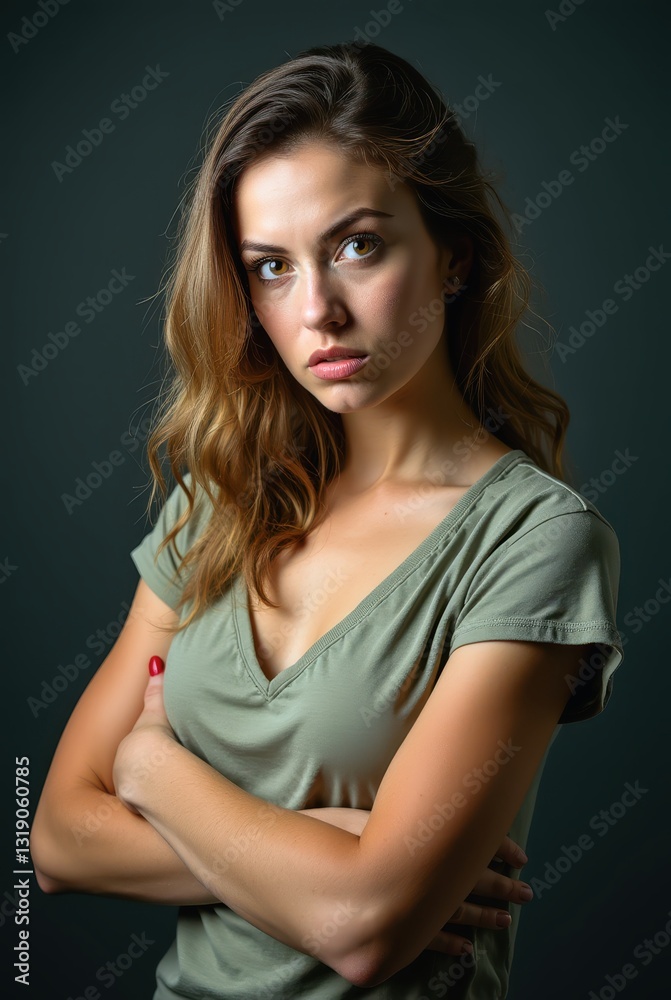Naklejka premium Serious young woman crossing arms with a tough expression on dark background