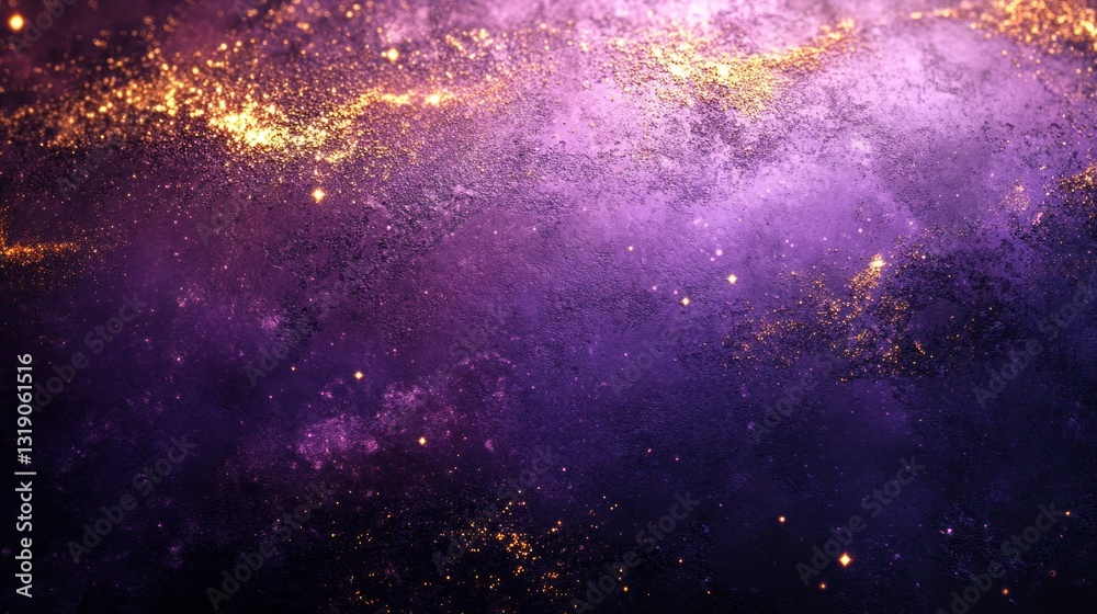 Fototapeta premium A mesmerizing cosmic display captivates with swirling shades of purple and gold, as shimmering stardust twinkles against a vast, ethereal backdrop of the universe