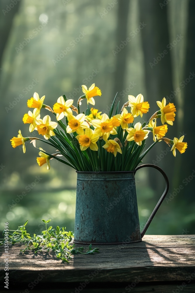 Fototapeta premium rustic watering can overflowing with vibrant yellow daffodils