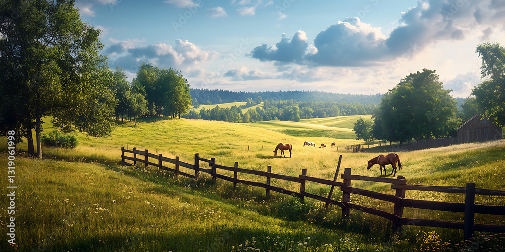 Fototapeta premium Peaceful Countryside Landscape with a Wooden Fence for Rustic Charm, Farm Life, or Nature Photography