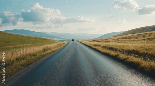 Endless road stretching through green hills, bright skies above, evokes freedom and adventure, ideal for travel themes.