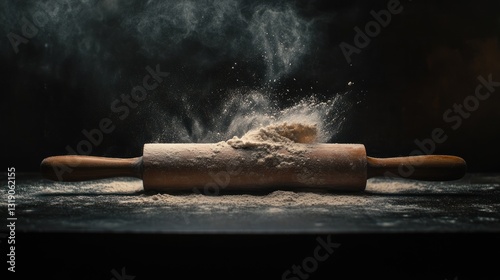Wooden rolling pin with flour explosion on dark background.