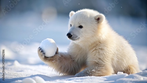 A playful polar bear cub in a snowy landscape gently holds a small snowball, showcasing its soft fur and endearing charm in a winter wonderland.