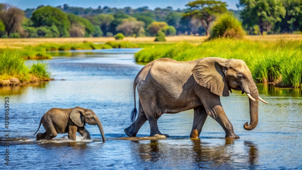 Fototapeta premium A mother elephant and her young calf gracefully wade through a tranquil river, their journey a testament to the serene beauty of the African wilderness.