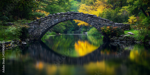 Historic Stone Bridge Over a Peaceful Reflective River for a Timeless Scenic View