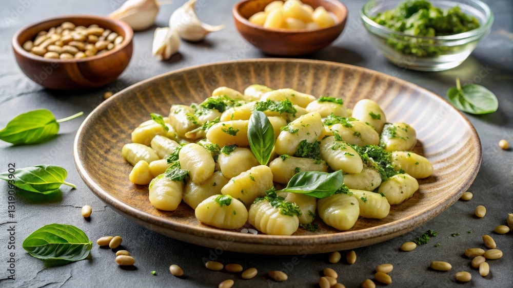 Aromatic Homemade Potato Gnocchi with Fresh Herb Pesto and Pine Nuts on Rustic Plate Aromatic Homemade Potato Gnocchi with Fresh Herb Pesto and Pine Nuts on Rustic Plate