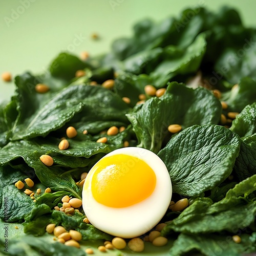 A close-up of a salad with a boiled egg on top.