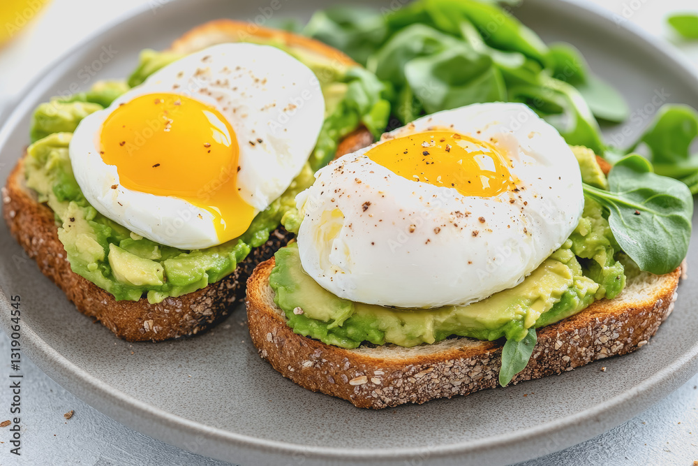 Two freshly cooked eggs on toasted bread ready to delight the palate for a quick and healthy meal option Two freshly cooked eggs on toasted bread ready to delight the palate for a quick and healthy meal option