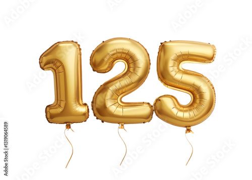 125 Number Shiny Gold Balloon, Celebratory Foil Balloon Decoration. isolated on transparent background, Helium balloons font.