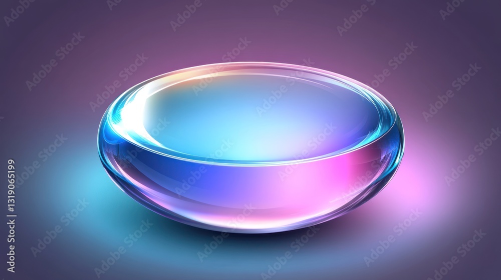 Obraz premium Iridescent glass bowl, vibrant blue and pink, glowing, empty, on dark background.