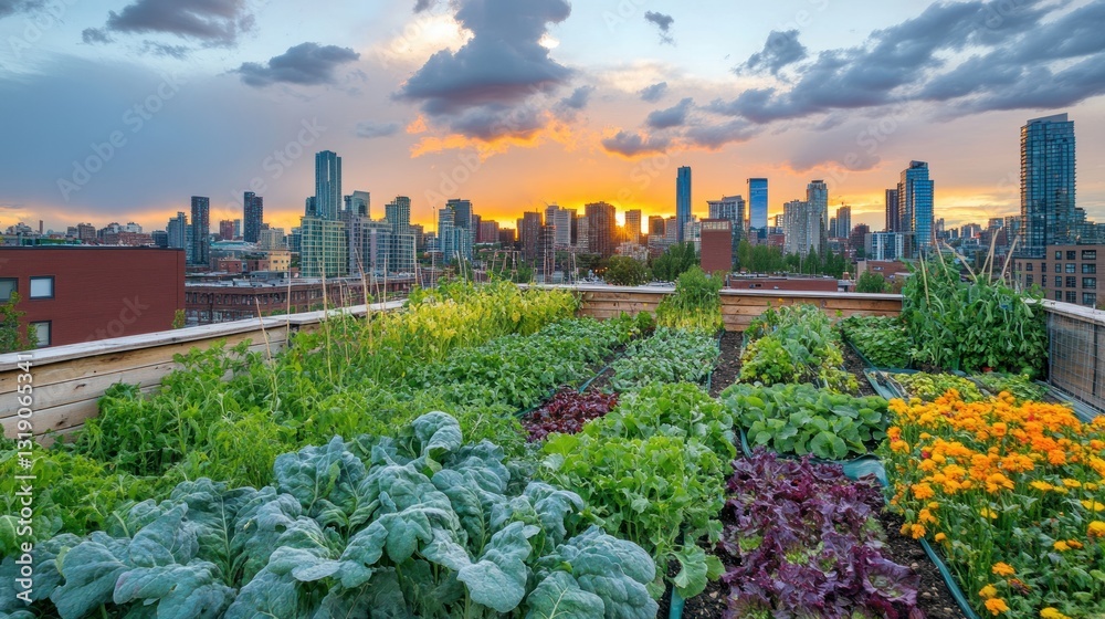 Fototapeta premium Rooftop garden with city skyline at sunset.