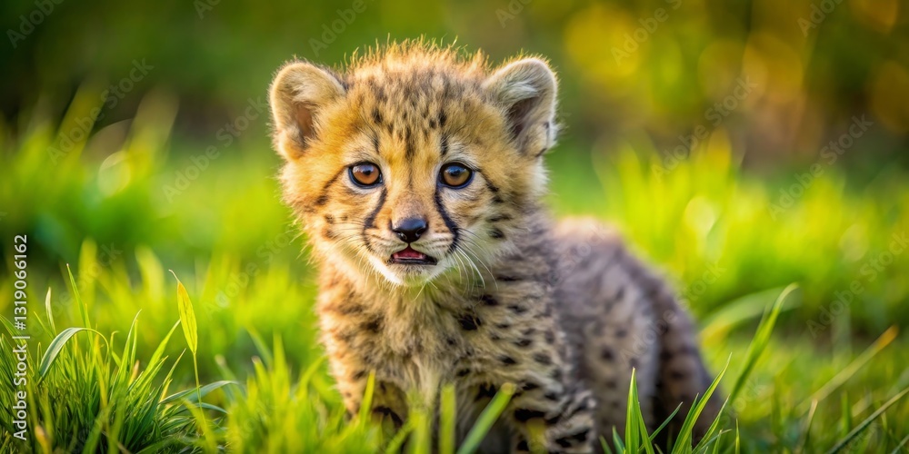 Obraz premium A Young Cheetah Cub's Curious Gaze Amidst Vibrant Green Grass, Bathed in Golden Sunlight