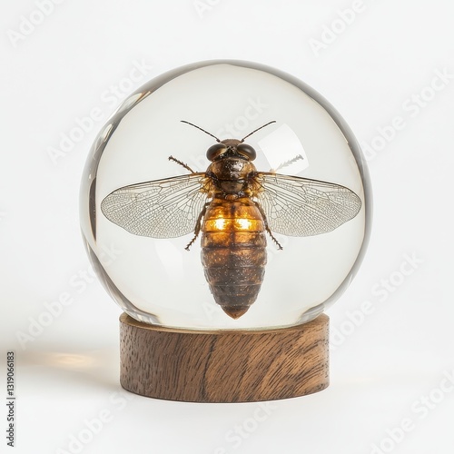 Glass dome display showcasing a preserved bee specimen with lighting