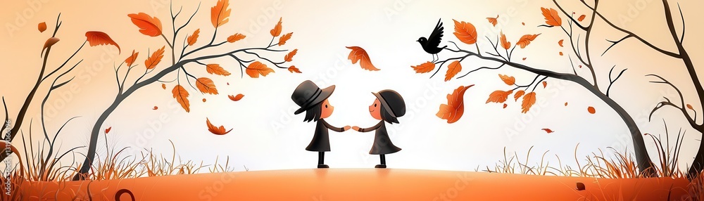 Two cheerful girls hold hands under autumn trees, surrounded by colorful leaves and a warm orange sky, symbolizing friendship and joy. Two cheerful girls hold hands under autumn trees, surrounded by colorful leaves and a warm orange sky, symbolizing friendship and joy.