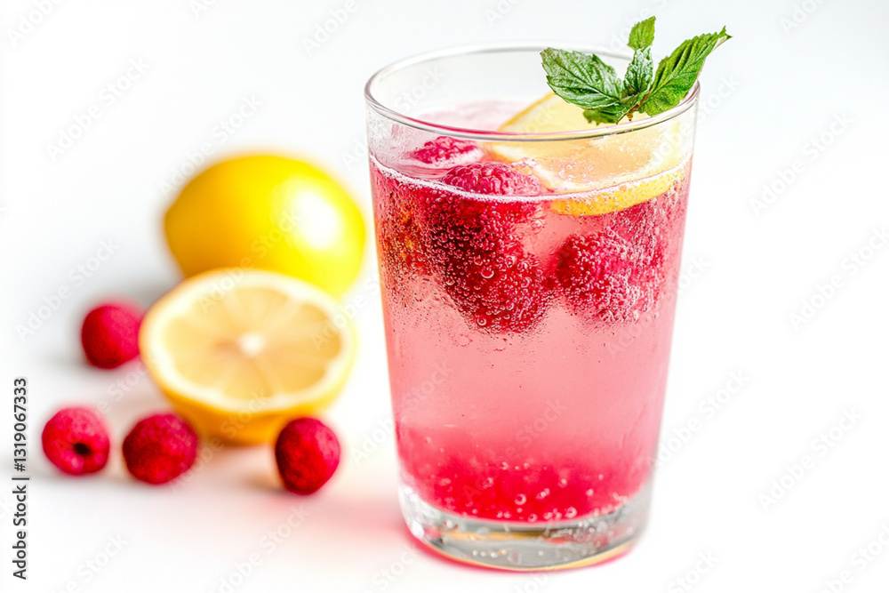 Refreshing raspberry lemonade in a glass, on a white background Refreshing raspberry lemonade in a glass, on a white background