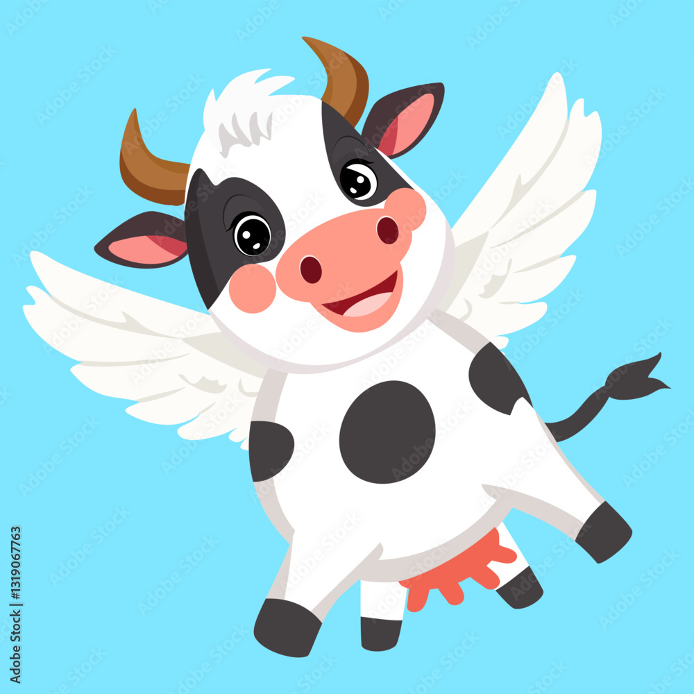 Naklejka premium Cartoon of a cute flying cow on a blue background. Vector illustration of a happy animal with wings in the air and isolated on a sky backdrop for a dairy or milk concept