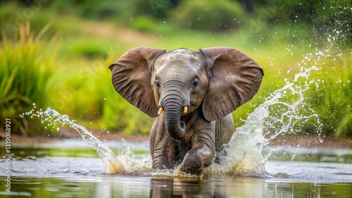 Canvas Print Young elephant playfully splashing in a tranquil watering hole, its large ears flapping as it charges through the water, creating a vibrant spray of water droplets