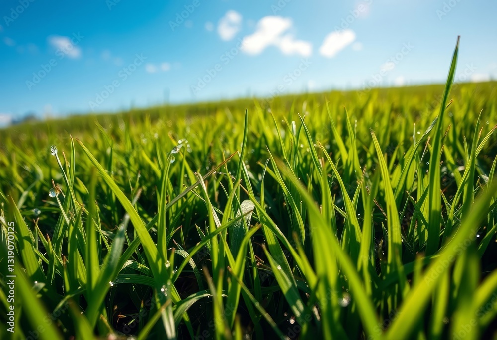 Obraz premium Close-up view of vibrant green grass blades glistening with morning dew under a clear sky, showcasing the beauty of nature's details.