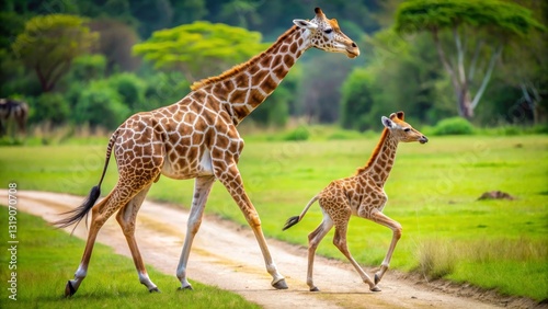 Canvas Print A graceful adult giraffe and its playful young calf stroll along a sunlit path,