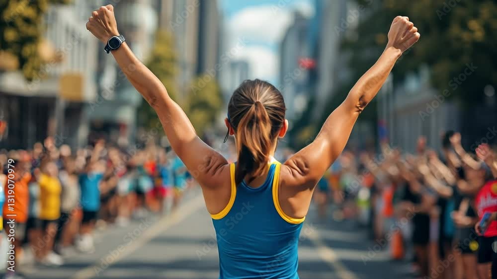 An athlete woman raises arms in celebration at the finish line surrounded by cheering spectators during a marathon in a bustling city